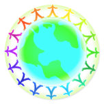 People united atop world globe stickers