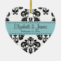 Personalized Black White Blue Damask Wedding Favou Ornament