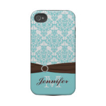 Personalized Blue, Brown, White Damask iPhone 4 Tough Iphone 4 Case