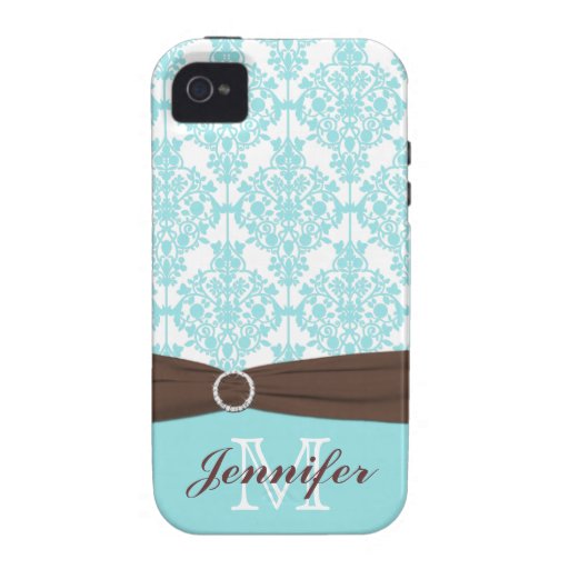 Personalized Blue, Brown, White Damask iPhone 4 iPhone 4/4S Case