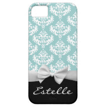 Personalized Blue damask with white ribbon iPhone 5 Cases