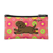 Personalized Chocolate Labrador Puppy Floral Makeup Bags