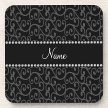 Personalized custom name black swirls drink coasters