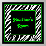Personalized Kids Wall Decor - Zebra & Lime Green Posters
