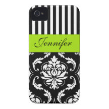 PERSONALIZED LIME GREEN, BLACK DAMASK STRIPED Case-Mate iPhone 4 CASES