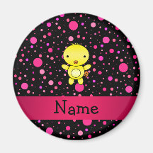 Personalized name baby chick black pink polka dots fridge magnet