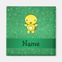 Personalized name baby chick green glitter refrigerator magnets
