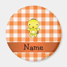 Personalized name baby chick orange gingham refrigerator magnet