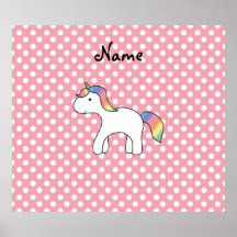 Personalized name baby unicorn pink polka dots poster