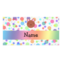 Personalized name bear face rainbow polka dots photo card template