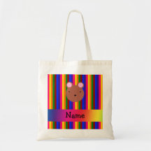 Personalized name bear face rainbow stripes tote bag