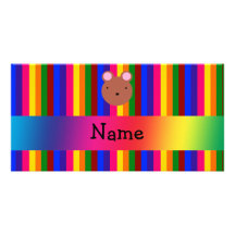 Personalized name bear face rainbow stripes photo cards