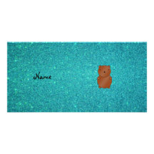 Personalized name bear turquoise glitter photo greeting card