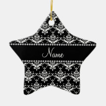 Personalized name black and white damask christmas tree ornaments