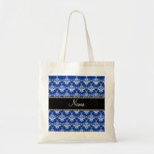 Personalized name blue and white damask bags