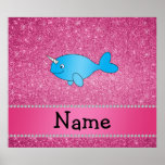 Personalized name blue narwhal pink glitter posters