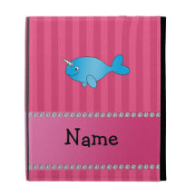 Personalized name blue narwhal pink stripes iPad folio cases