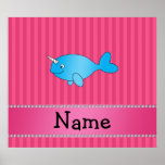 Personalized name blue narwhal pink stripes posters