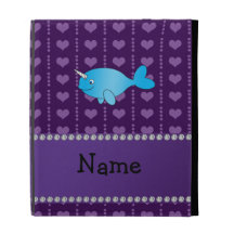 Personalized name blue narwhal purple hearts iPad folio cases