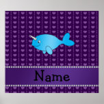 Personalized name blue narwhal purple hearts print