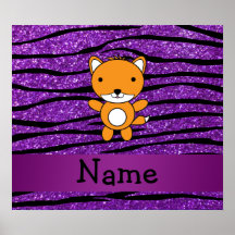 Personalized name fox purple glitter zebra stripes poster
