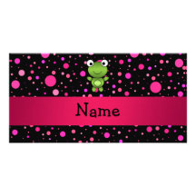 Personalized name frog black pink polka dots custom photo card