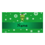 Personalized name frog green snowflakes photo card