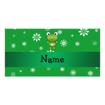 Personalized name frog green snowflakes photo card