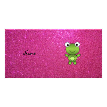 Personalized name frog pink glitter customized photo card
