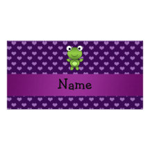 Personalized name frog purple hearts photo card