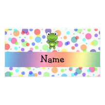 Personalized name frog rainbow polka dots photo cards