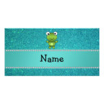 Personalized name frog turquoise glitter custom photo card