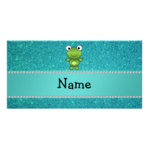 Personalized name frog turquoise glitter custom photo card