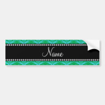 Personalized name Green blue damask Bumper Stickers
