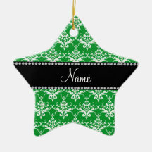 Personalized name green white damask ornaments