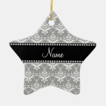 Personalized name grey white damask ornaments
