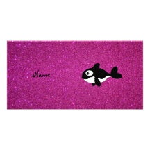 Personalized name killer whale pink glitter customized photo card