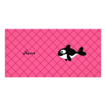 Personalized name killer whale pink grid pattern customized photo card