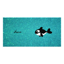 Personalized name killer whale turquoise glitter personalized photo card