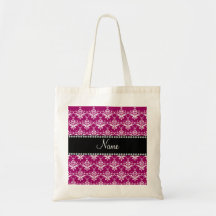 Personalized name magenta pink damask canvas bags