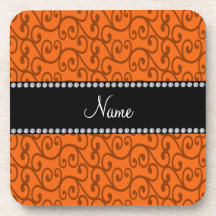 Personalized name orange swirls beverage coaster