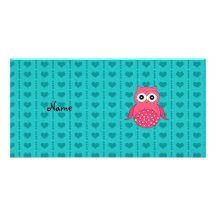 Personalized name owl turquoise hearts customized photo card
