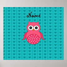 Personalized name owl turquoise hearts poster