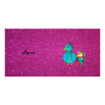 Personalized name peacock pink glitter photo cards