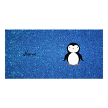 Personalized name penguin blue glitter photo card