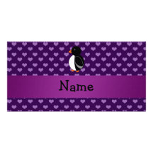 Personalized name penguin purple hearts photo cards