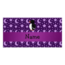 Personalized name penguin purple stars and moons photo cards