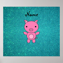 Personalized name pig turquoise glitter posters