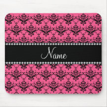 Personalized name Pink black damask Mousepads