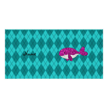 Personalized name pink glitter whale argyle photo card template